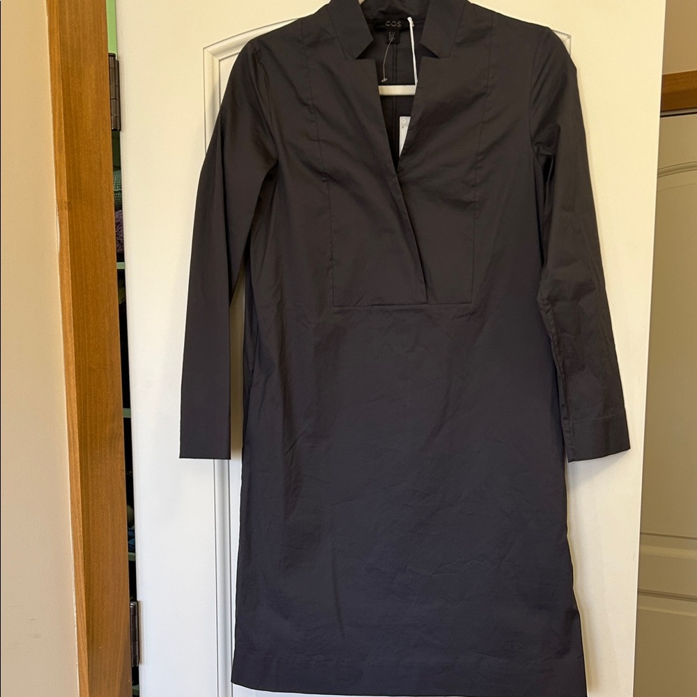 COS Charcoal Long-Sleeve Dress with Notched Crossover neck for polished comfort